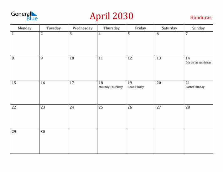Honduras April 2030 Calendar - Monday Start