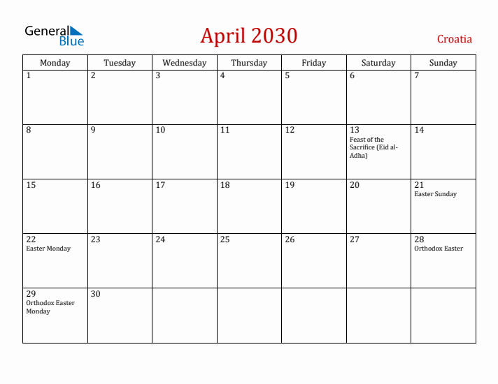 Croatia April 2030 Calendar - Monday Start