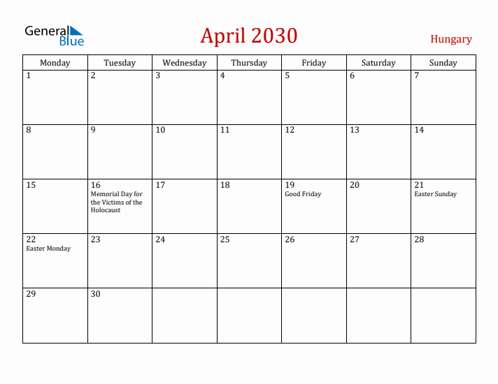 Hungary April 2030 Calendar - Monday Start