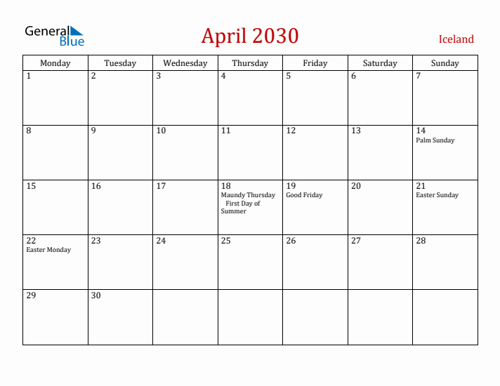 Iceland April 2030 Calendar - Monday Start
