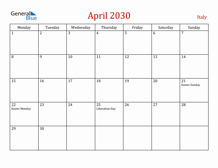 Italy April 2030 Calendar - Monday Start