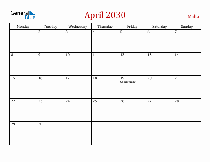 Malta April 2030 Calendar - Monday Start