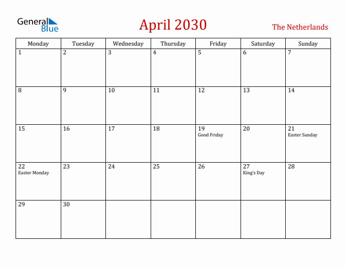The Netherlands April 2030 Calendar - Monday Start