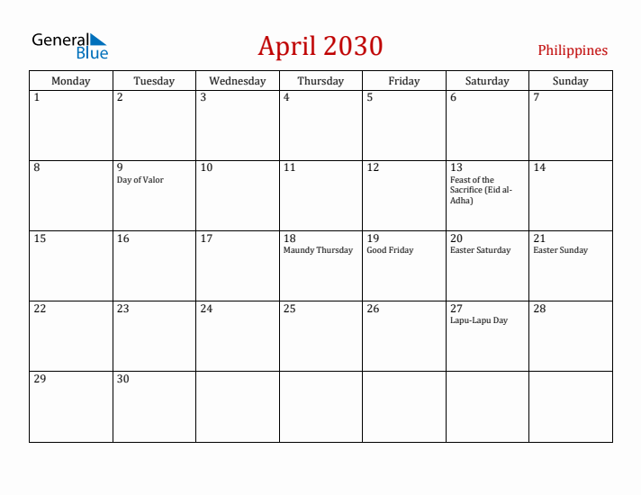 Philippines April 2030 Calendar - Monday Start