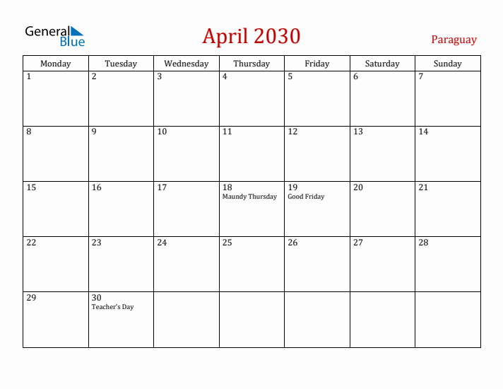 Paraguay April 2030 Calendar - Monday Start