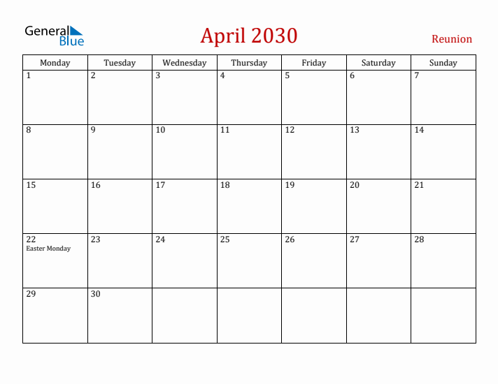 Reunion April 2030 Calendar - Monday Start