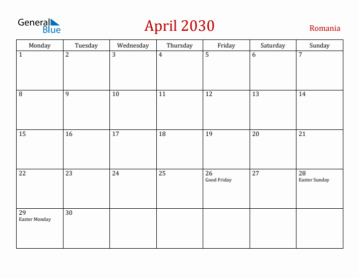 Romania April 2030 Calendar - Monday Start