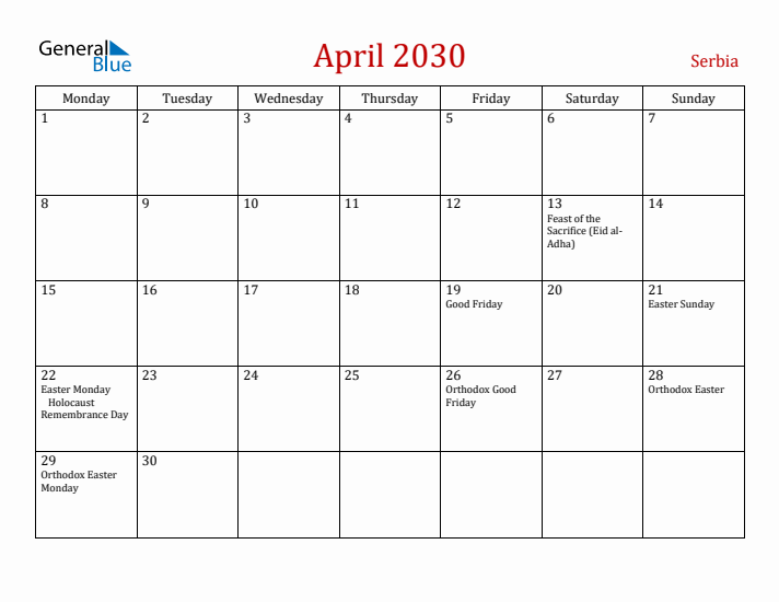 Serbia April 2030 Calendar - Monday Start