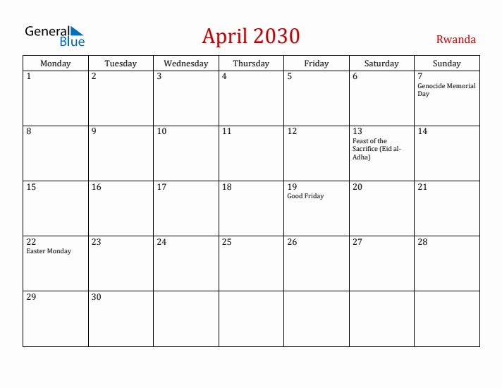Rwanda April 2030 Calendar - Monday Start