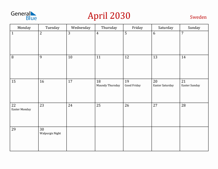 Sweden April 2030 Calendar - Monday Start
