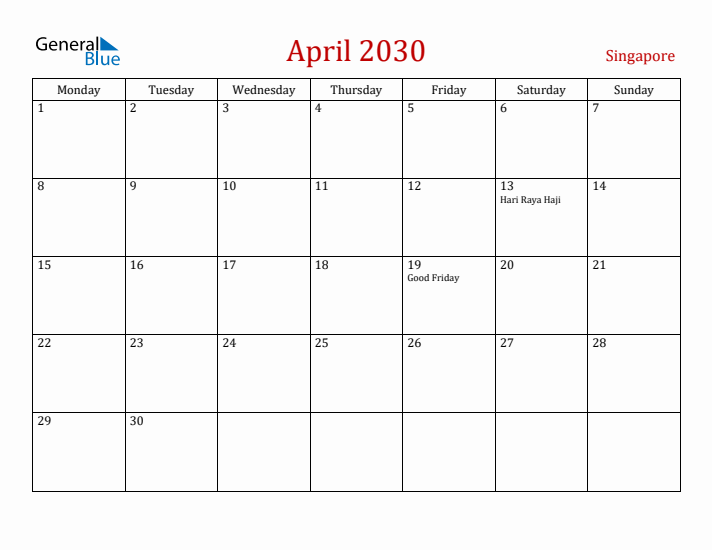 Singapore April 2030 Calendar - Monday Start