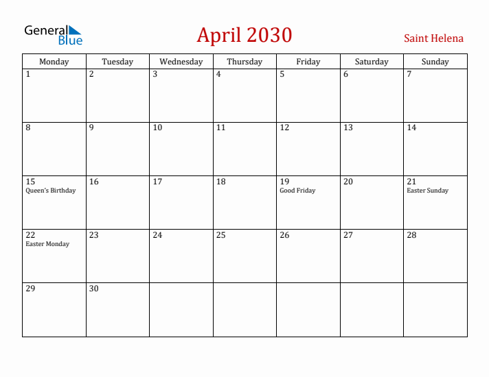 Saint Helena April 2030 Calendar - Monday Start