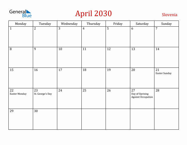Slovenia April 2030 Calendar - Monday Start