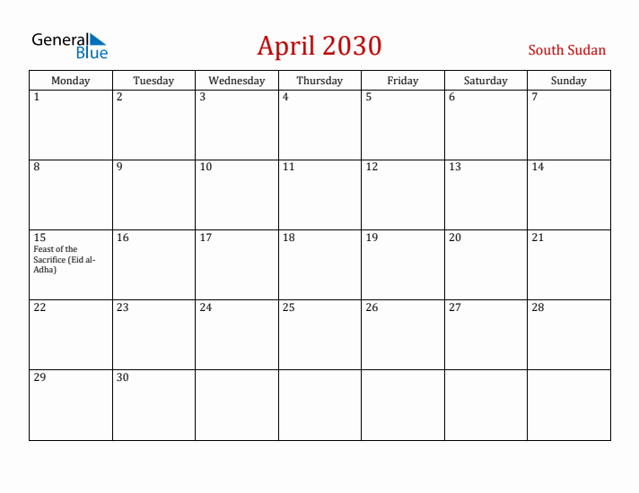 South Sudan April 2030 Calendar - Monday Start