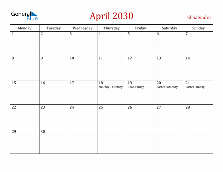 El Salvador April 2030 Calendar - Monday Start