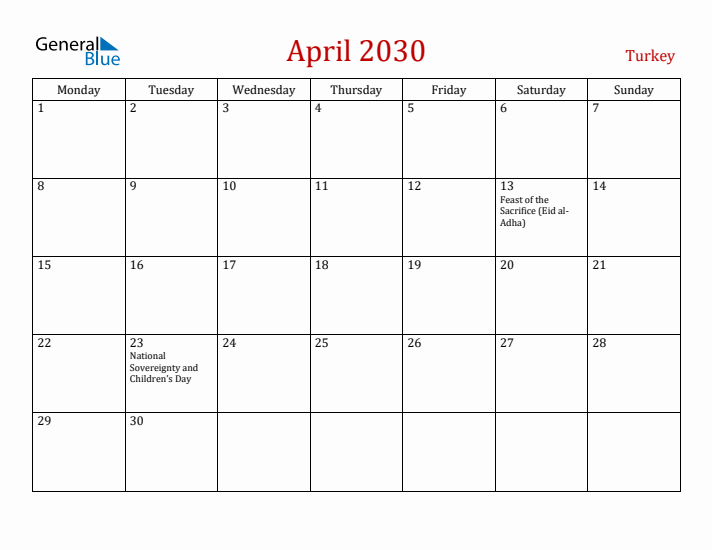 Turkey April 2030 Calendar - Monday Start