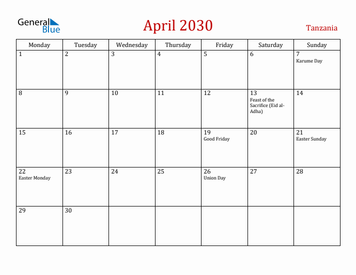 Tanzania April 2030 Calendar - Monday Start