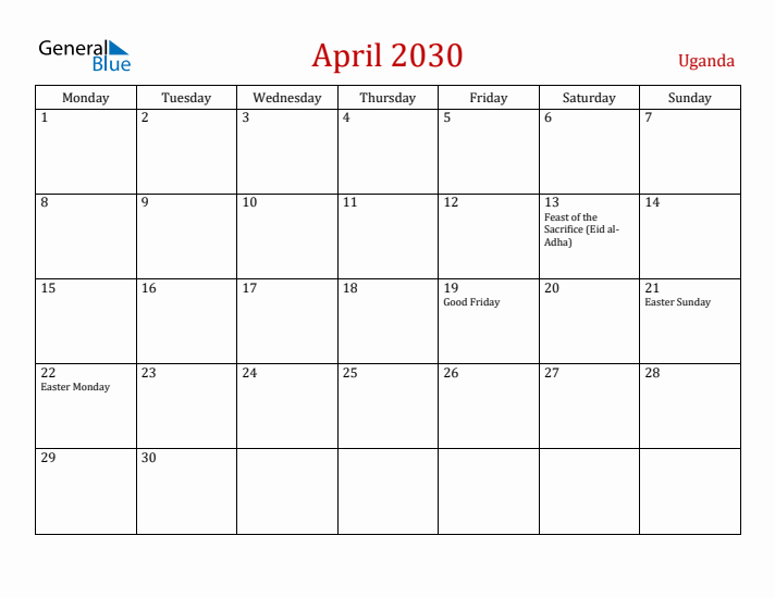 Uganda April 2030 Calendar - Monday Start