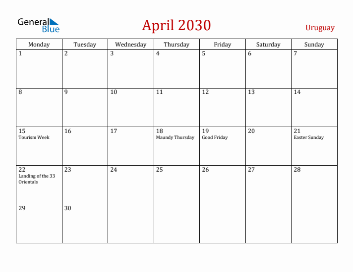 Uruguay April 2030 Calendar - Monday Start