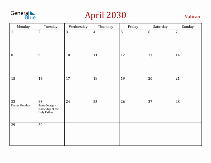 Vatican April 2030 Calendar - Monday Start