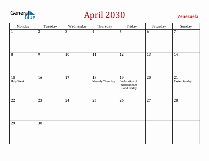Venezuela April 2030 Calendar - Monday Start