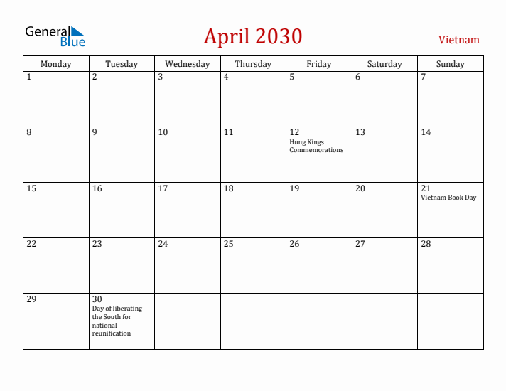 Vietnam April 2030 Calendar - Monday Start