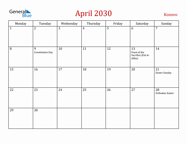 Kosovo April 2030 Calendar - Monday Start