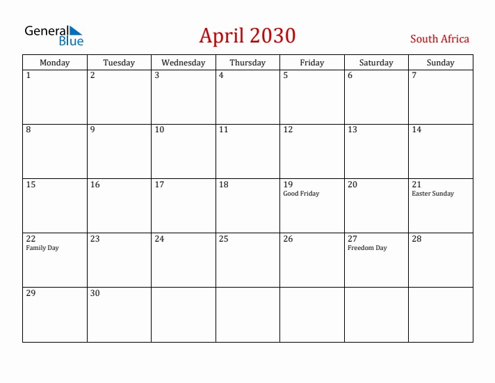 South Africa April 2030 Calendar - Monday Start
