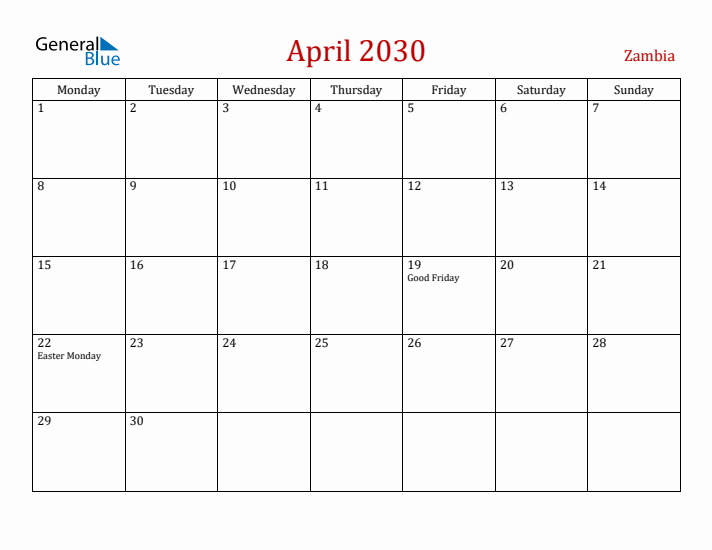 Zambia April 2030 Calendar - Monday Start