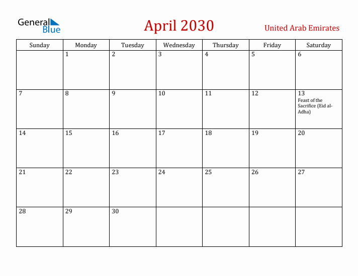 United Arab Emirates April 2030 Calendar - Sunday Start