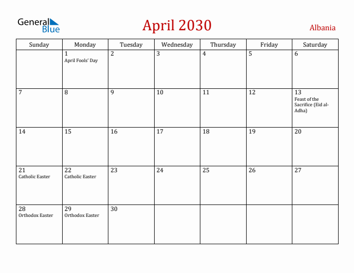 Albania April 2030 Calendar - Sunday Start