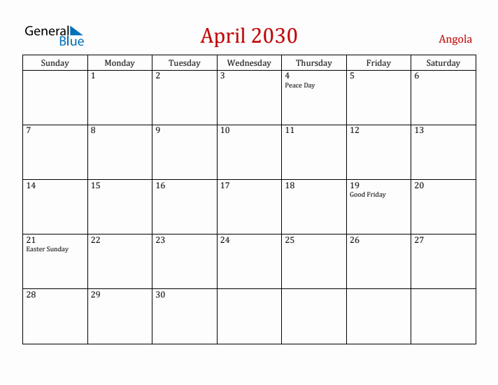 Angola April 2030 Calendar - Sunday Start