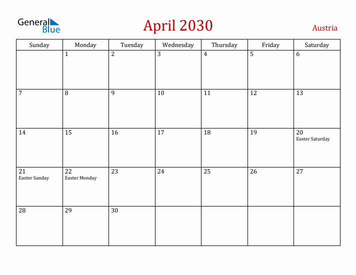 Austria April 2030 Calendar - Sunday Start