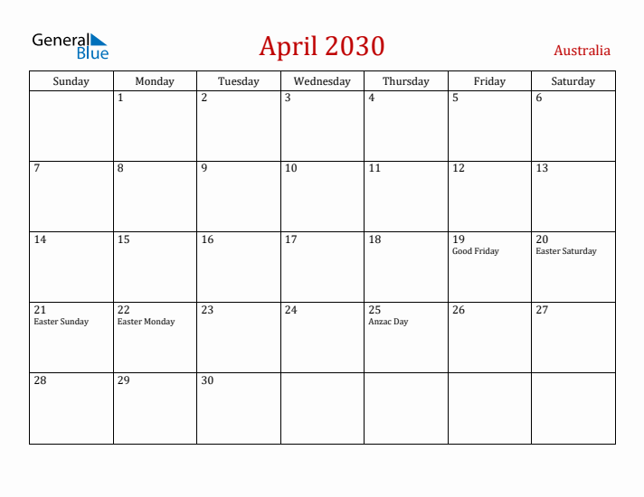 Australia April 2030 Calendar - Sunday Start
