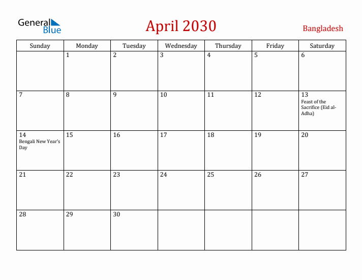 Bangladesh April 2030 Calendar - Sunday Start