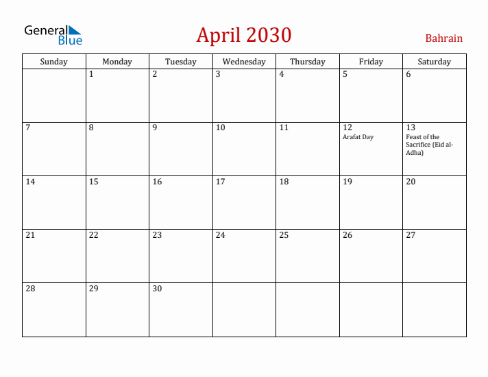 Bahrain April 2030 Calendar - Sunday Start