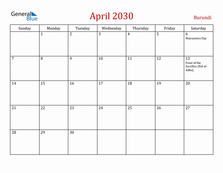 Burundi April 2030 Calendar - Sunday Start