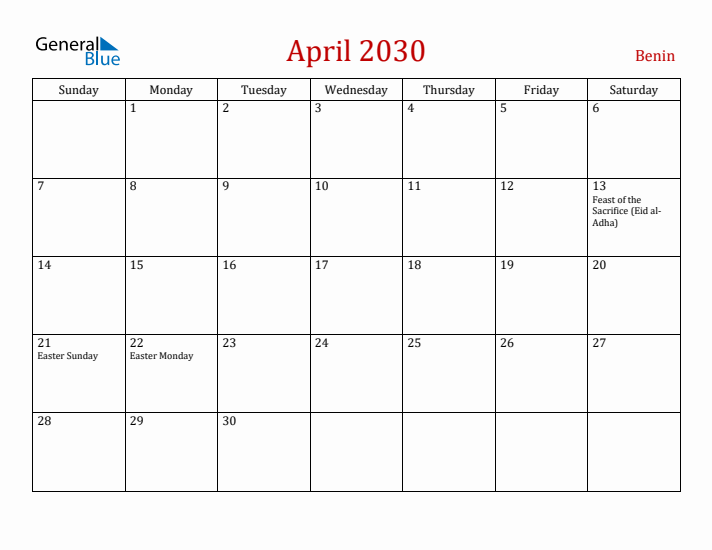 Benin April 2030 Calendar - Sunday Start