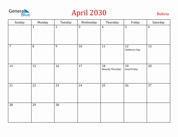 Bolivia April 2030 Calendar - Sunday Start