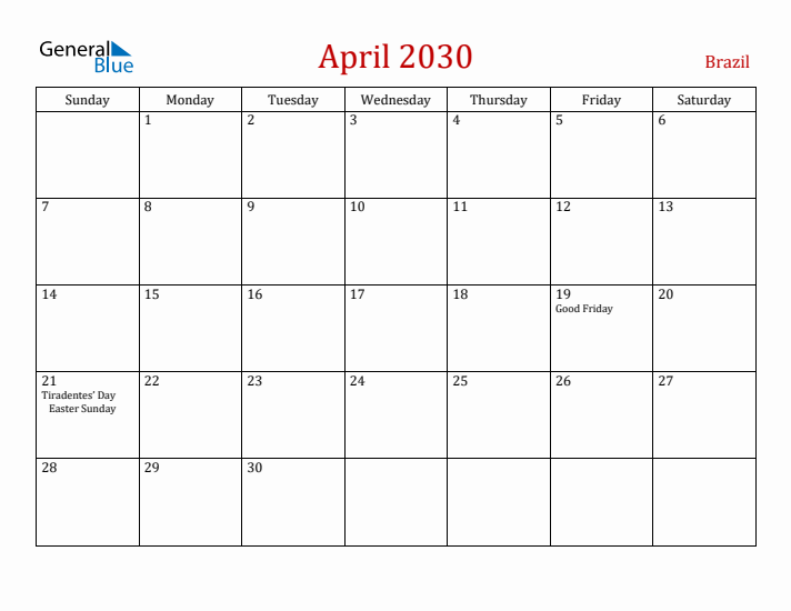 Brazil April 2030 Calendar - Sunday Start