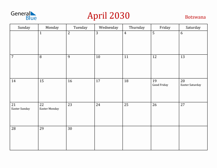 Botswana April 2030 Calendar - Sunday Start