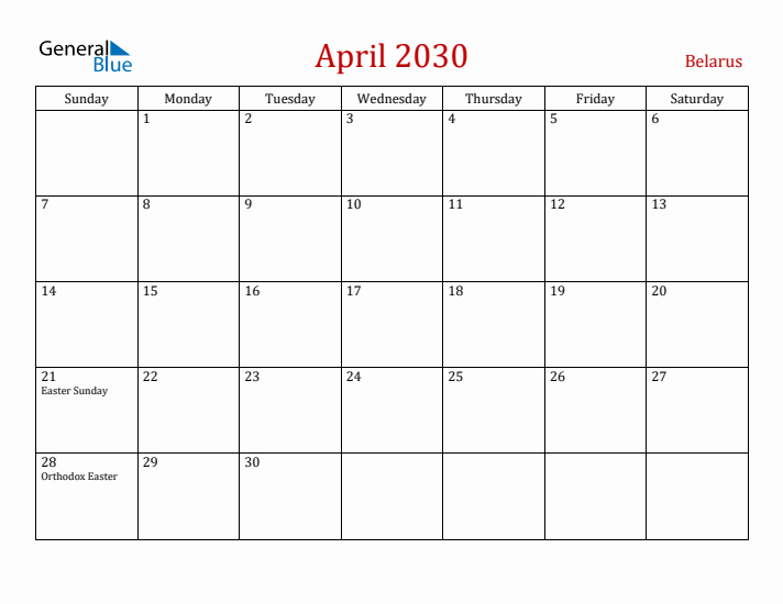 Belarus April 2030 Calendar - Sunday Start
