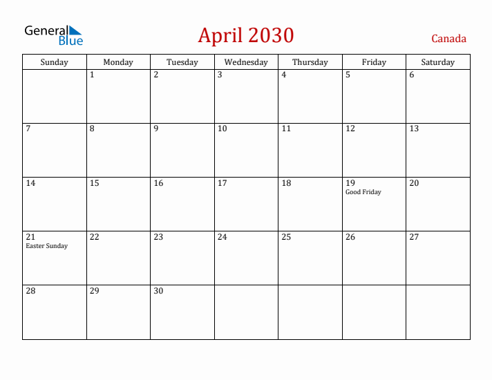 Canada April 2030 Calendar - Sunday Start