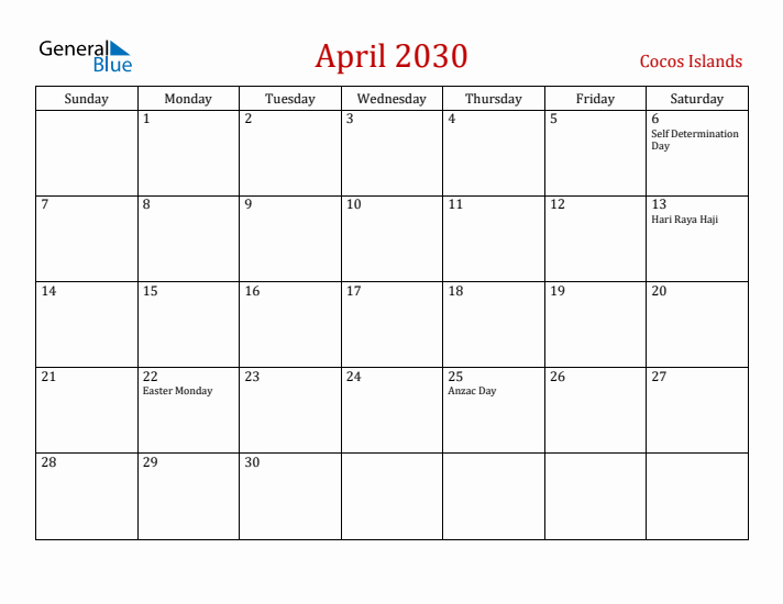 Cocos Islands April 2030 Calendar - Sunday Start