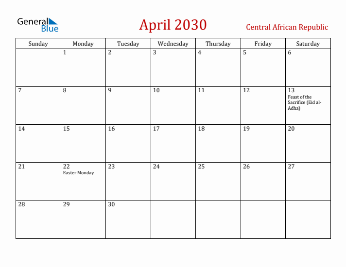 Central African Republic April 2030 Calendar - Sunday Start