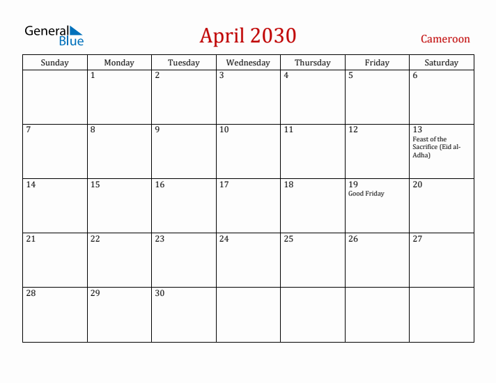 Cameroon April 2030 Calendar - Sunday Start