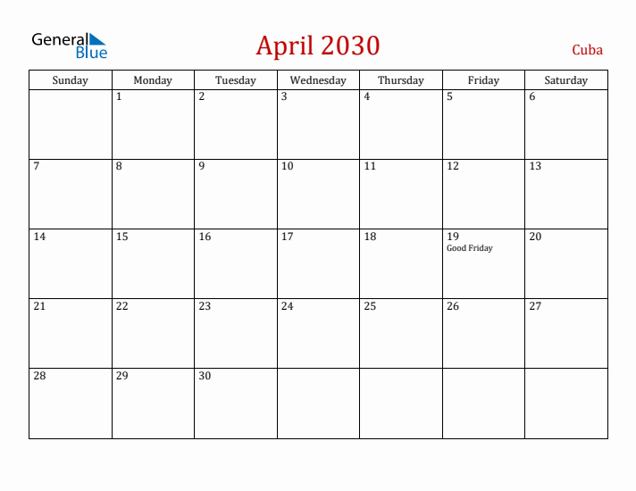 Cuba April 2030 Calendar - Sunday Start