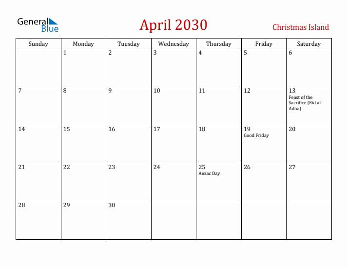 Christmas Island April 2030 Calendar - Sunday Start