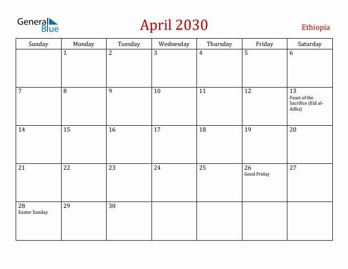 Ethiopia April 2030 Calendar - Sunday Start
