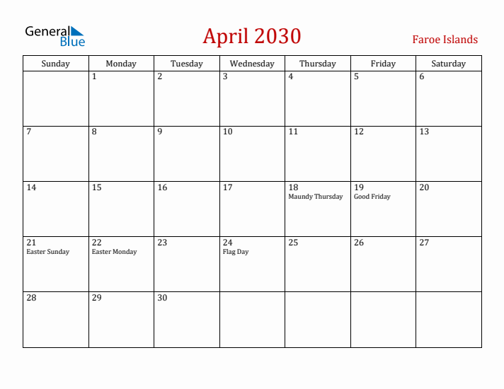Faroe Islands April 2030 Calendar - Sunday Start